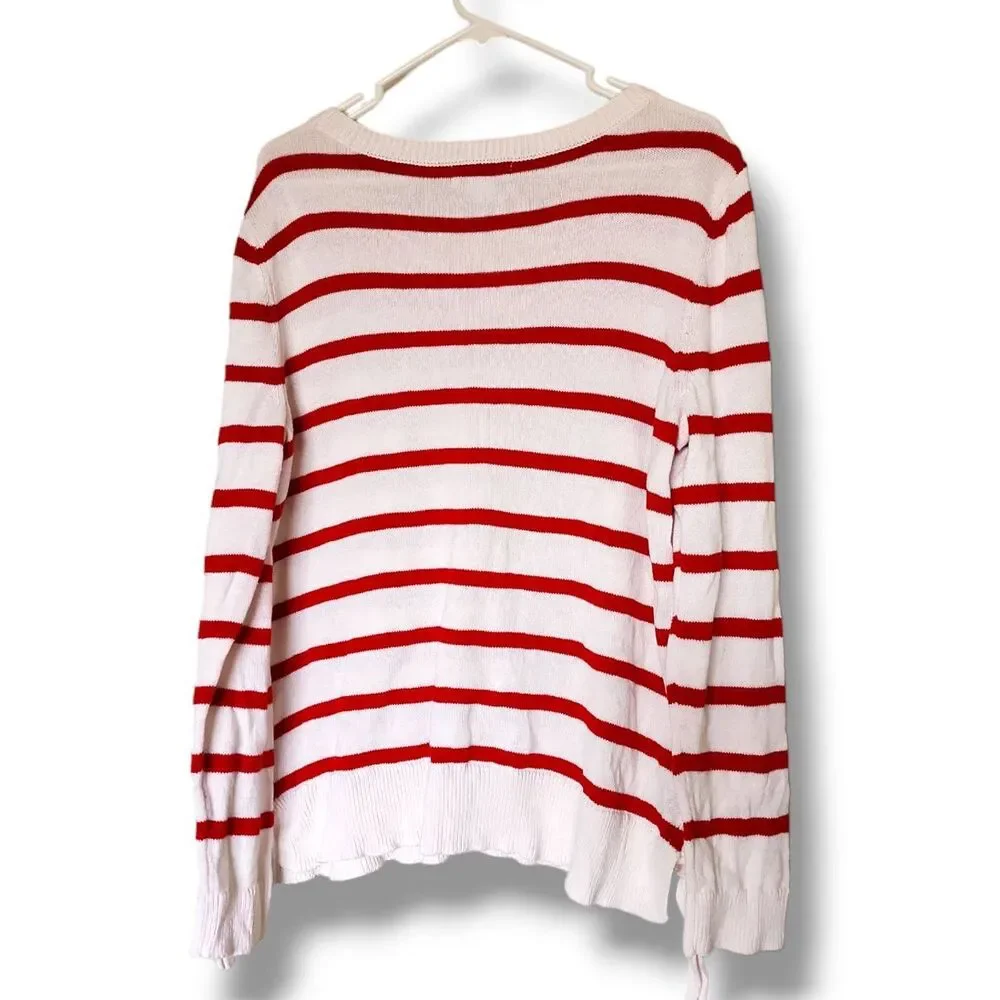 Liz Claiborne 100% Cotton Breathable Knit Striped Tie Sides Long Sleeve Pullover